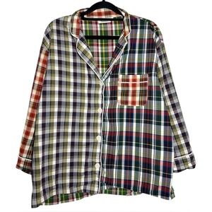 Sleepy Jones Navy Red Green Yellow White Plaid Cotton Marina Pajama Shirt Small
